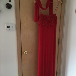Vintage Red Evening Gown with Neck Scarf